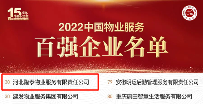 榮耀再續(xù) | 隆泰物業(yè)榮膺“中國物業(yè)服務(wù)百強企業(yè)”第30位！(圖2)